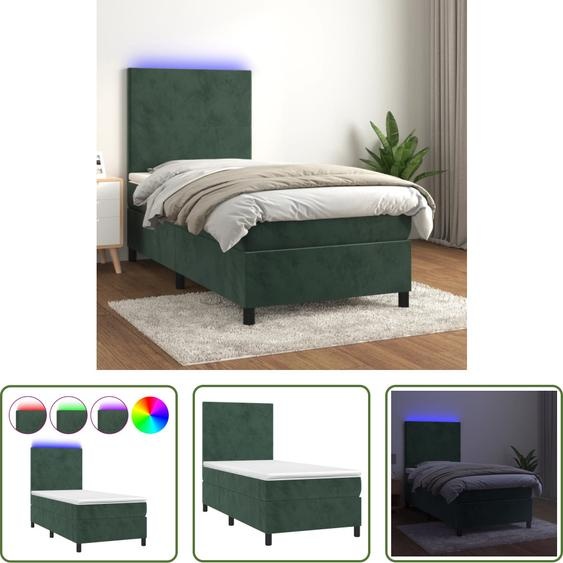 The Living Store Lit Boxspring avec matelas & LED Vert foncé 90x200 cm Velours