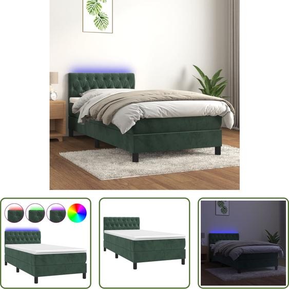 The Living Store Lit Boxspring avec matelas & LED Vert foncé 90x200 cm Velours
