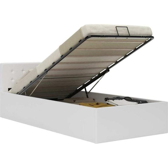 The Living Store Lit de rangement hydraulique blanc similicuir 100×200 cm