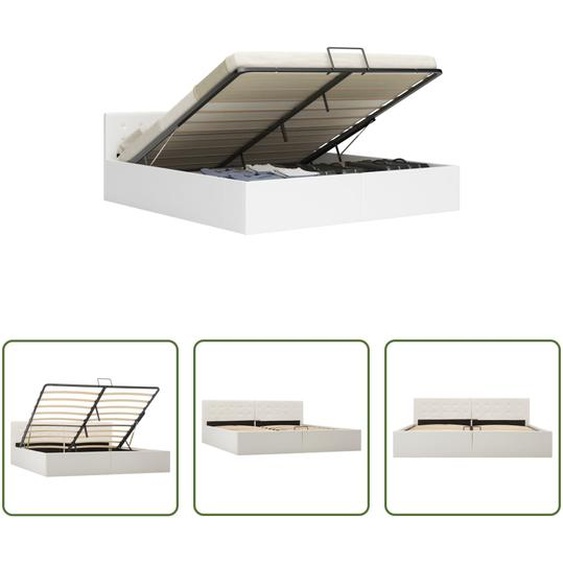 The Living Store Lit de rangement hydraulique blanc similicuir 180×200 cm