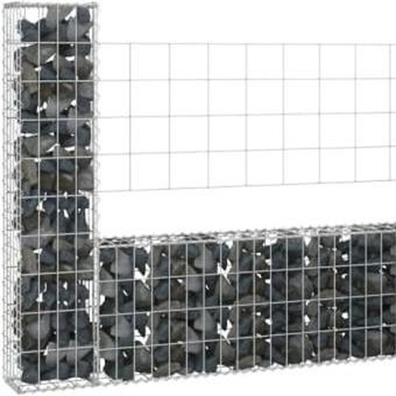 The Living Store Panier à gabion en forme de U avec 4 colonnes en fer 380x20x100 cm