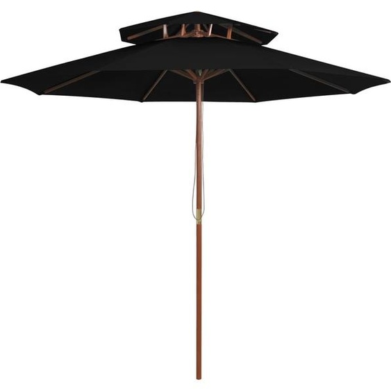 The Living Store Parasol avec double toit et mât en bois Noir 270 cm