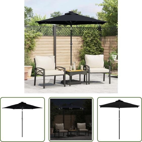 The Living Store Parasol avec LED et mât en acier Noir 225x225x212 cm