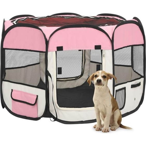 The Living Store Parc pour chiots pliable avec sac de transport rose 90x90x58 cm