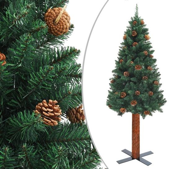 The Living Store Sapin de Noël élancé avec bois véritable et cônes Vert 180 cm PVC
