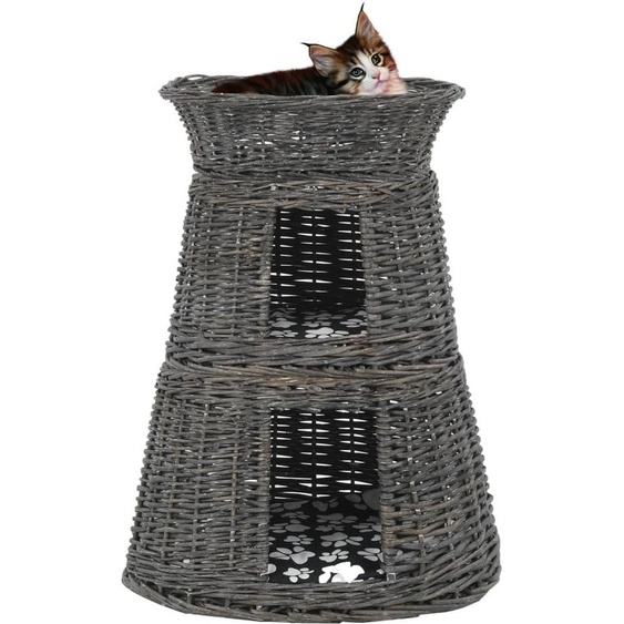 The Living Store Set de 3 paniers pour chats avec coussin Gris 47x34x60 cm osier naturel