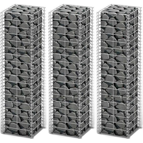 The Living Store Set de gabions 3 pcs. fil de fer galvanisé 25×25×100 cm