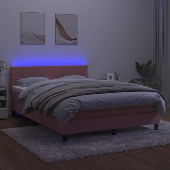 The Living Store Sommier tapissier avec matelas et LED Rose 140x200 cm Velours