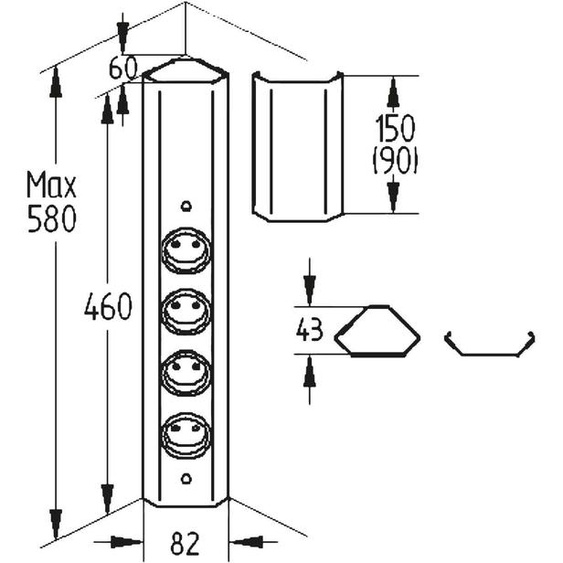 THEBO, Naber Mira Eck small, élément de prise de douche dangle, en acier inoxydable 4 fois.
