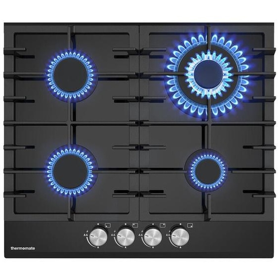 Thermomate - Plaque de Cuisson à Gaz Naturel/Butane/Propane Encastrable, Avec Grilles en fonte émaillée - GHBG604 - 4 Foyers - 8000W - Verre Trempé