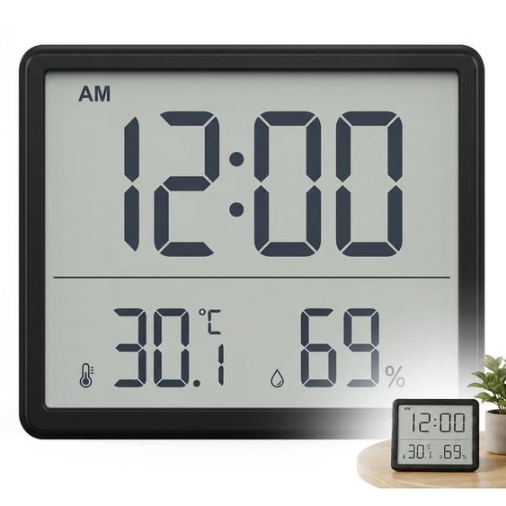 Thermomètre-hygromètre numérique avec horloge, format 12/24 heures, couleur noire