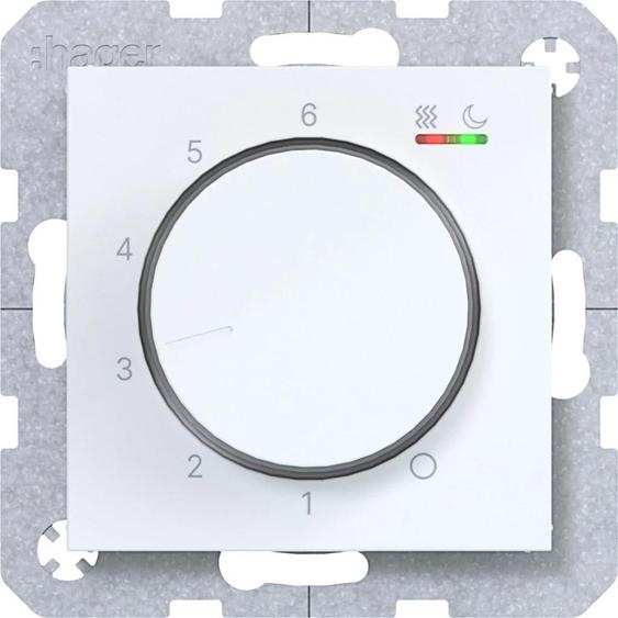 Thermostat dambiance Hager, 230V/16A, pour chauffage, avec bouton rotatif/poussoir, finition blanche brillante, 1 pièce.
