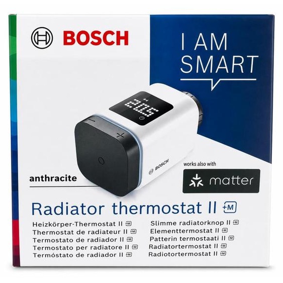Thermostat de radiateur Bosch Smart Home II [+M], thermostat intelligent, utilisation flexible au sein du système Bosch Smart Home ou avec dautres marques dans les systèmes Matter, anthracite