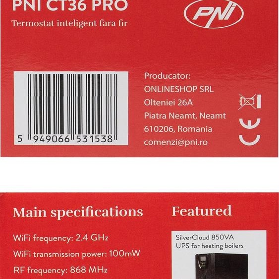 Thermostat intelligent sans fil PNI CT36 PRO, hystérésis ± 0,1 °C, Wi-Fi 2,4 GHz, application TuyaSmart,via Internet