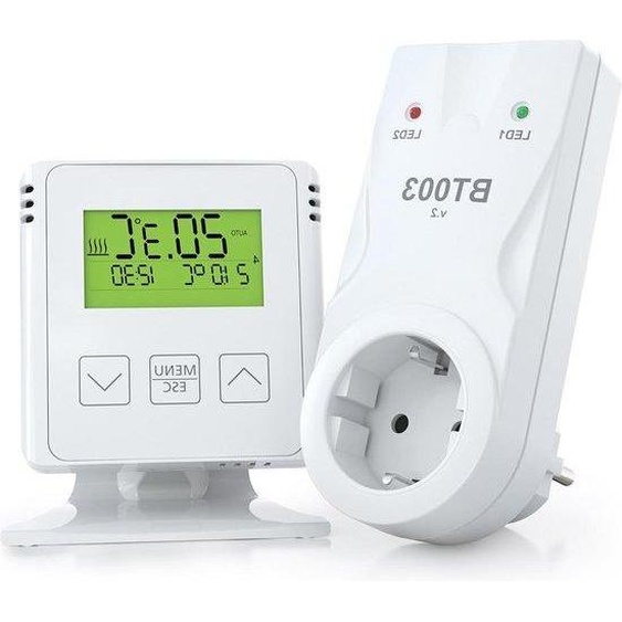 Thermostat sans fil avec prise intermédiaire - Portée de 35 mètres - Chauffage électrique et chauffage infrarouge - Programmes hebdomadaires - Protection antigel - Blanc