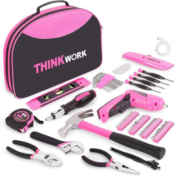 Thinkwork - Ensemble doutils rose de 122 pièces avec tournevis électrique rotatif 3,6 v, kit doutils pour la maisonavec pochette ronde facile à