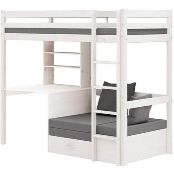 Lit superposé pour enfants, canapé, sommier à lattes, matelas, bureau et étagère, blanc/gris clair.