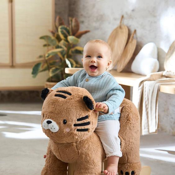 Tigre à bascule bébé en bois FSC® jaune moyen uni avec decor
