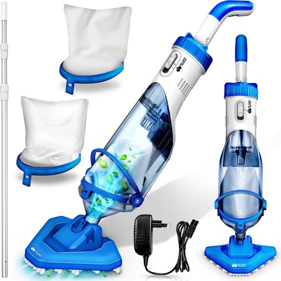 tillvex Aspirateur de piscine bleu/blanc avec batterie et perche télescopique + filtre de rechange jusquà 15 m³ | Aspirateur de piscine électrique | Robot de piscine avec filtre et autonomie de 60 min | Kit aspirateur à main sans fil