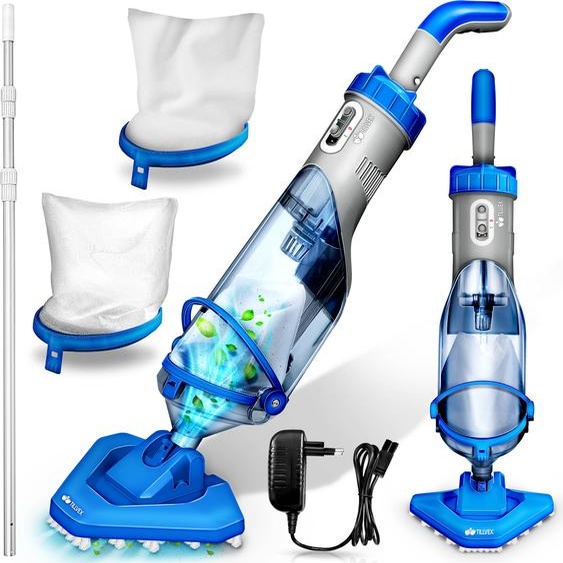 tillvex Aspirateur de piscine bleu/gris avec batterie & perche télescopique + filtre de rechange jusquà 15 m³ | Aspirateur de piscine électrique | Nettoyeur de piscine avec filtre & autonomie de 60 min | Aspirateur à main Kit de nettoyage sans fil