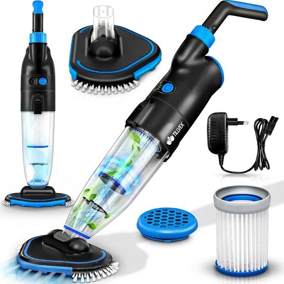tillvex Aspirateur de piscine sans fil - jusquà 25 m³ | Aspirateur de piscine électrique | Robot de piscine avec filtre et système à 2 vitesses | Kit de nettoyage à main sans fil