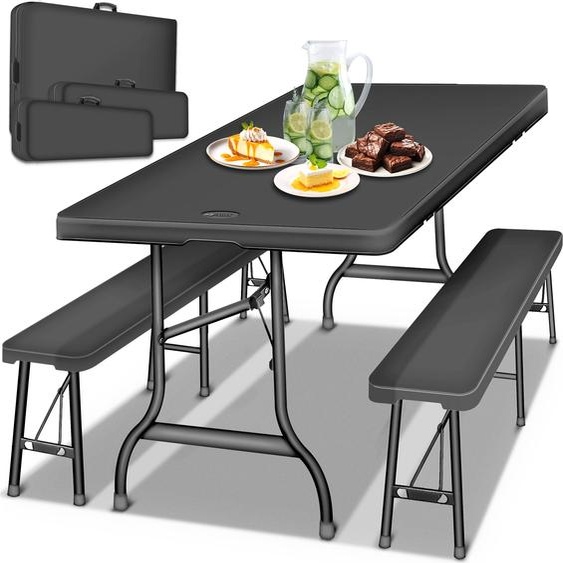 tillvex Ensemble table et bancs pliants | Anthracite | Set de tente de fête | Mobilier de jardin en plastique 180 cm | Plastique