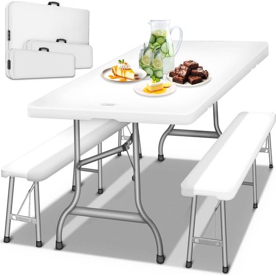 tillvex Ensemble table et bancs pliants | Blanc | Set de tente de fête | Mobilier de jardin en plastique 180 cm | Plastique