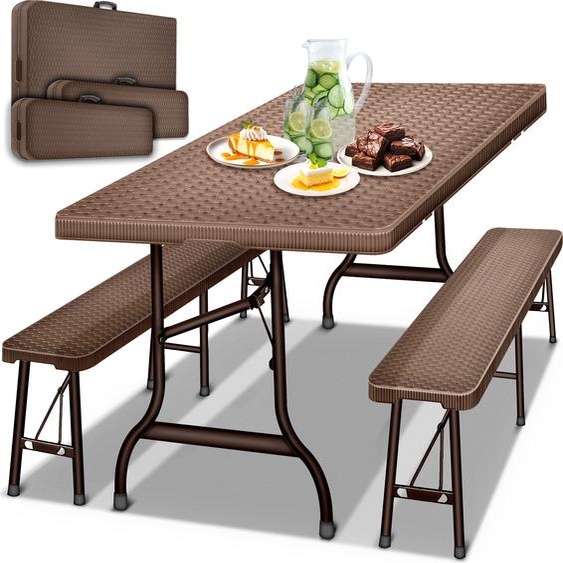 tillvex Ensemble table et bancs pliants | Marron| Set de tente de fête | Mobilier de jardin en plastique 180 cm | Aspect rotin