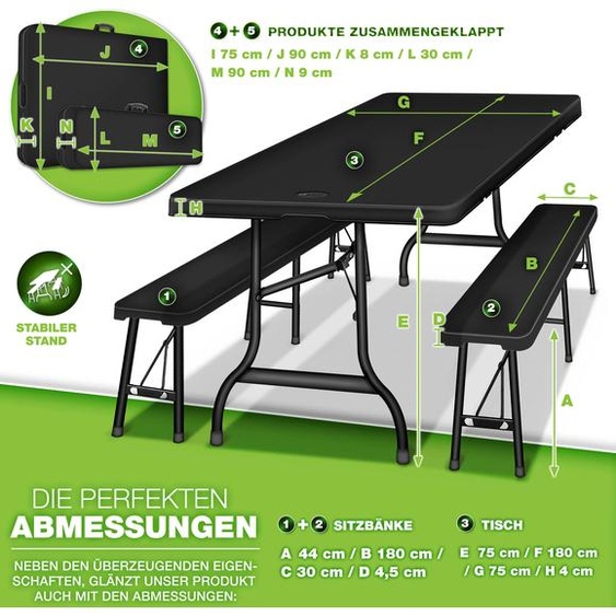 tillvex Ensemble table et bancs pliants  | Noir | Set de tente de fête | Mobilier de jardin en plastique 180 cm | Aspect rotin