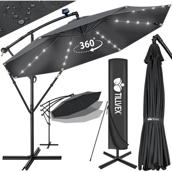 Tillvex - Parasol déporté led solaire (Gris) en aluminium 300 cm - Avec manivelle - Avec interrupteur marche/arrêt - Protection uv - Parasol à
