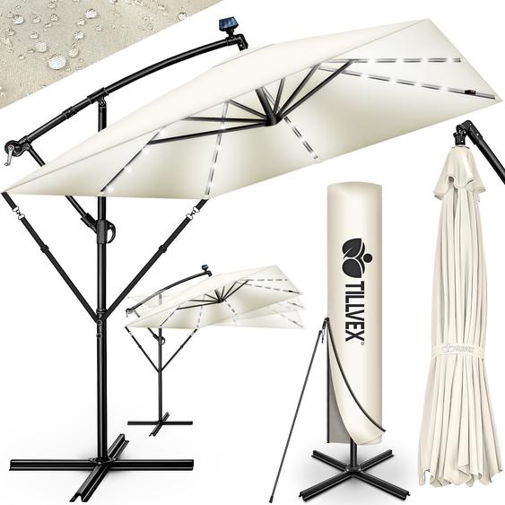 tillvex® Alu Parasol Rectangulaire Ø 330 cm avec LED Solaire Beige + Couverture avec Manivelle | Parasol Amplificateur avec Support & Paravent | Parasol de jardin anti-UV, étanche, pivotant à 360° | Parasol à Manivelle Marché