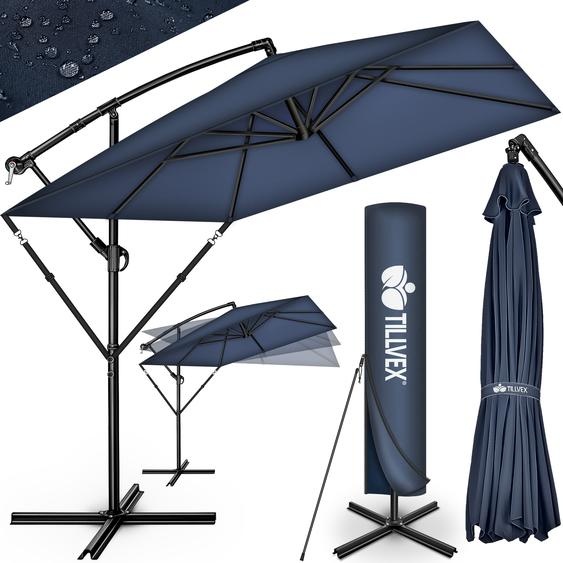 tillvex® Alu Parasol Rectangulaire Ø 330 cm Bleu Marine + Couverture avec Manivelle | Parasol Ampli Carré avec Support & Paravent | Parasol de Jardin Protection UV Aluminium | Parasol à Manivelle Parasol de Marché Imperméable 360° Rotatif