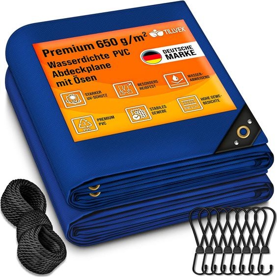 tillvex® Bâche de couverture Bleue 5x8 m avec oeillets + 10 crochets & 15m de corde | Bâche tissée 650g/m² étanche & indéchirable | Bâche PVC Premium Universelle Camion, Piscine, Meubles de jardin en bois | Couverture de jardin