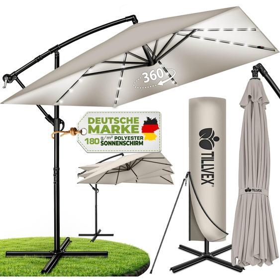 tillvex® Parasol rectangulaire en aluminium, diamètre 330 cm, avec éclairage LED solaire, couleur bleu marine + housse avec manivelle | Parasol de type auvent avec pied | Parasol de jardin, protection UV, imperméable, rotation à 360° | Parasol à