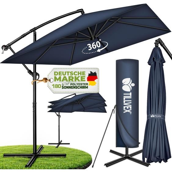 tillvex® Parasol rectangulaire en aluminium, diamètre 330 cm, rouge + housse avec manivelle | Parasol en forme de tonneau, carré, avec pied | Parasol de jardin en aluminium avec protection UV | Parasol à manivelle, parasol de marché, étanche, rotatif à