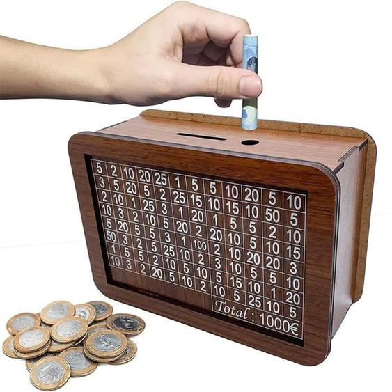 Tirelire en bois avec compteur, tirelire enfant avec objectif et chiffres, tirelire en bois Coin Bank, boîte de rangement (1000€)
