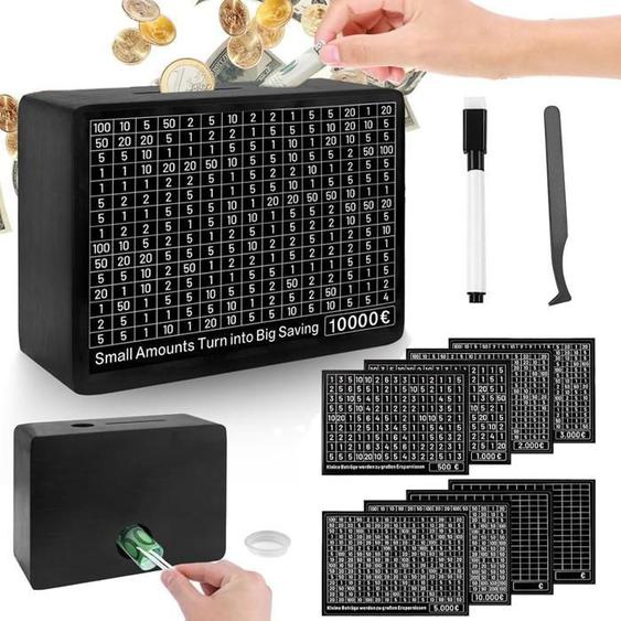 Tirelire en Bois - Tirelire Réutilisable - avec Stylo Effaçable et 8 Autocollants, pour Aider Les Enfants à Commencer à Economiser