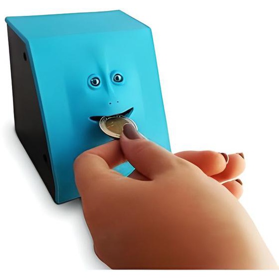Tirelire - Insolite - Mangeuse de pièces - Plastique - Bleu - 100x100x100 mm