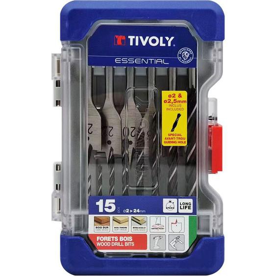 Tivoly - Coffret 15 pièces -9 forets bois 3 pointes ø 2 à 10mm + 6 méches bois plates ø 14 à 24mm