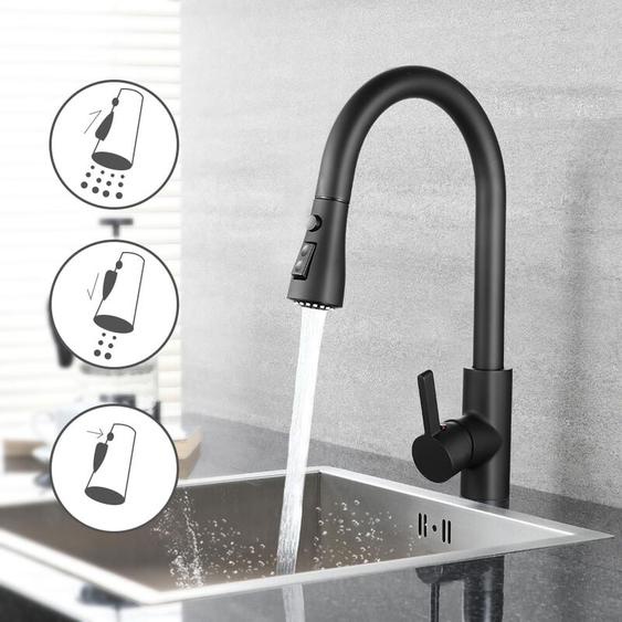 Todot - Robinet de Cuisine Extractible en Acier Inoxydable 3 Modes de Jet Robinet Mitigeur 360 ° Rotatif pour Cuisine ou Salle de Bain Noir - DAKF8F