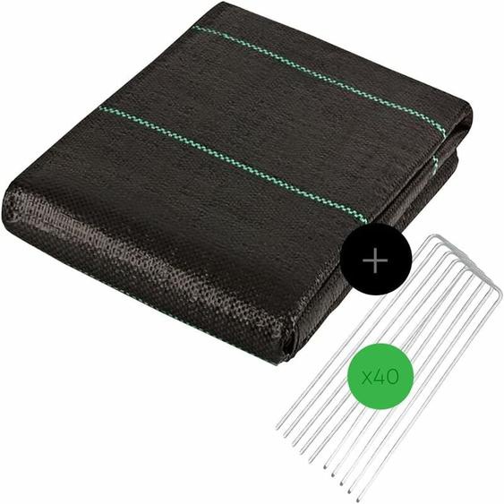 Toile de Paillage avec 40pcs de Piquets Contre Les Mauvais Herbes 20Mx2M en Fibres de Polypropylène Tissées Anti-UV 100g/m2 Résistant Aux Déchirures