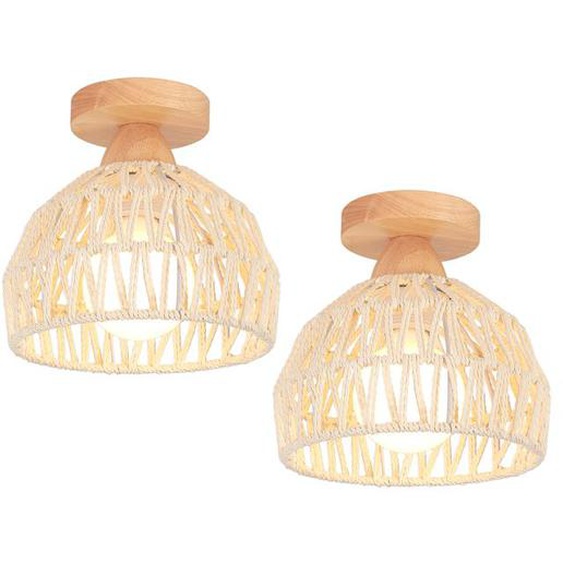 TOKIUS 2 Pièces Plafonnier Vintage Industriel, Lampe de Plafond en Bois et Rotin Cage, E27 Éclairage Suspendu Intérieur Blanc