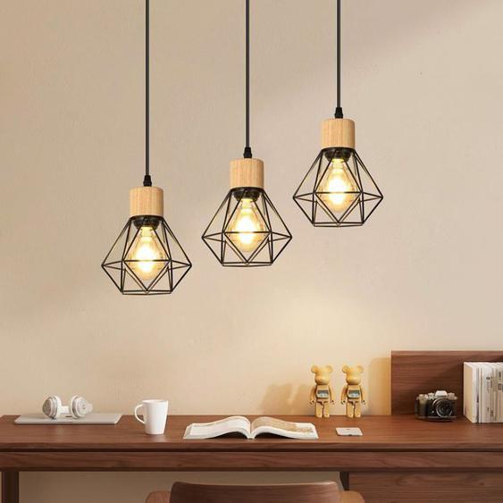 TOKIUS 3 Lampes Suspension Luminaire Industrielle Lustre Vintage E27 en Fer Bois Rétro Cage Design Nior pour Salon Cuisine Chambre