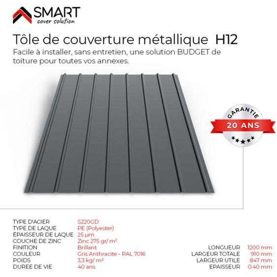 Tôle bac acier - Toiture - Couverture - plaque H12 Coloris Gris Anthracite ral 7016 Dimensions 1200x910x0.40 mm