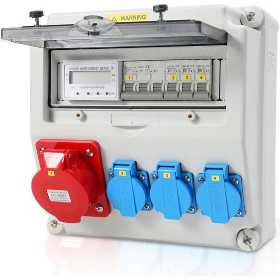TolleTour Distributeur mural avec compteur de courant triphasé et MCB,5 pôles Distributeur de courant de chantier avec 3xprise Schuko et prise CEE 32A Distributeur de courant pour lintérieur et lextérieur