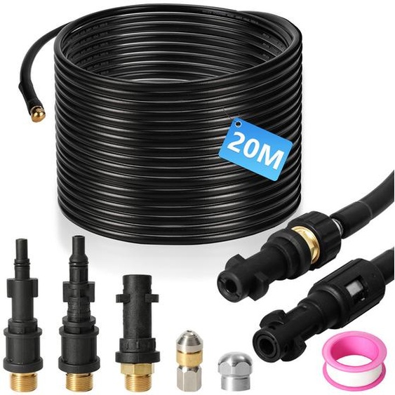 TolleTour Flexible haute pression tuyau de nettoyage, 20m, 160 bar, compatible avec Kärcher, K2, K3, K4, K5, K6, adaptateur inclus, buses fixes + rotatives