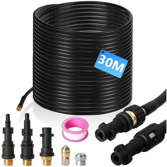 TolleTour Flexible haute pression tuyau de nettoyage, 30m, 160 bar, compatible avec Kärcher, K2, K3, K4, K5, K6, adaptateur inclus, buses fixes + rotatives
