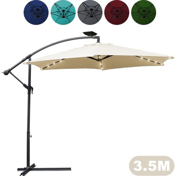 TolleTour Parasol 350cm éclairage LED & manivelle - protection UV hydrofuge pliable - Parasol de marché - Beige