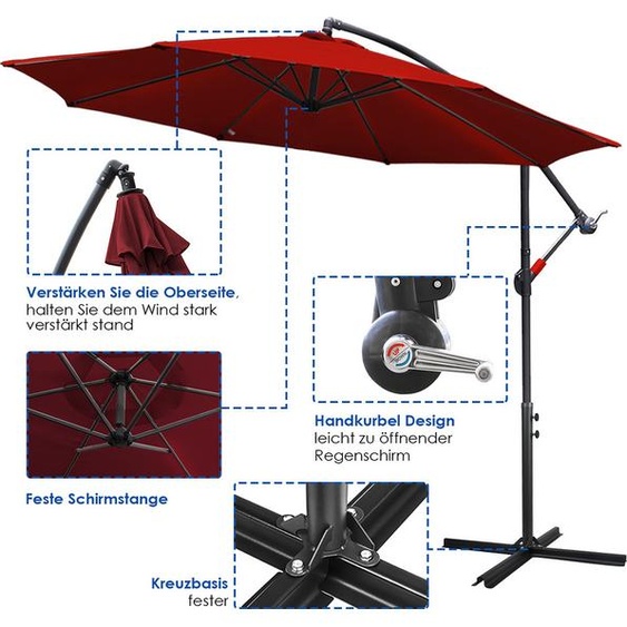 TolleTour Parasol de jardin 3,5 m Parasol à pied déporté avec support UV40+ Protection solaire LED solaire, rouge, 3,5 m