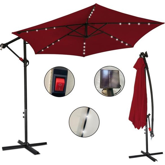 TolleTour Parasol rouge LED solaire Ø350cm Parasol de jardin Parasol de marché Manivelle Balcon Alu Inclinable